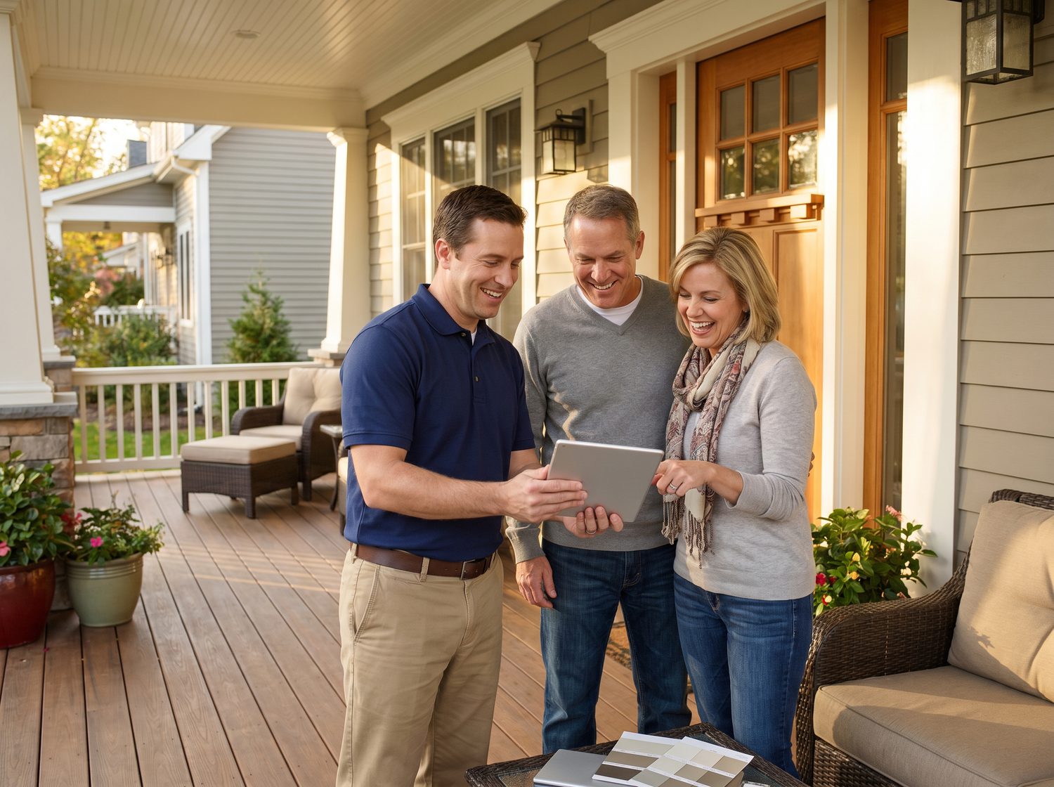 A friendly Chariot consultant reviewing exterior options with a homeowner couple on their porch