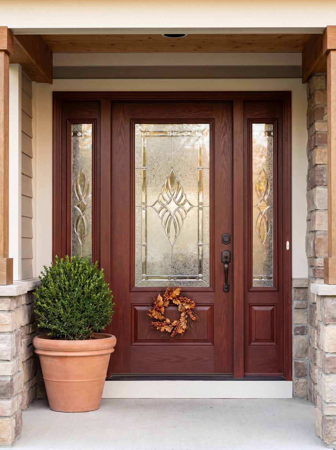 An elegant fiberglass front entry door with decorative glass on a welcoming porch