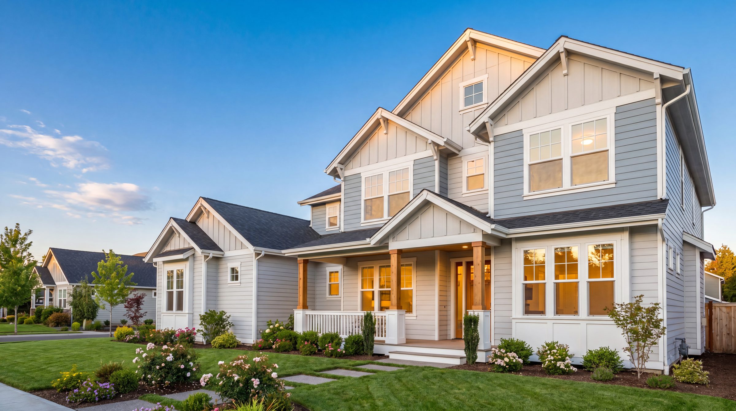 A freshly renovated two-story DFW home with new siding and windows at golden hour