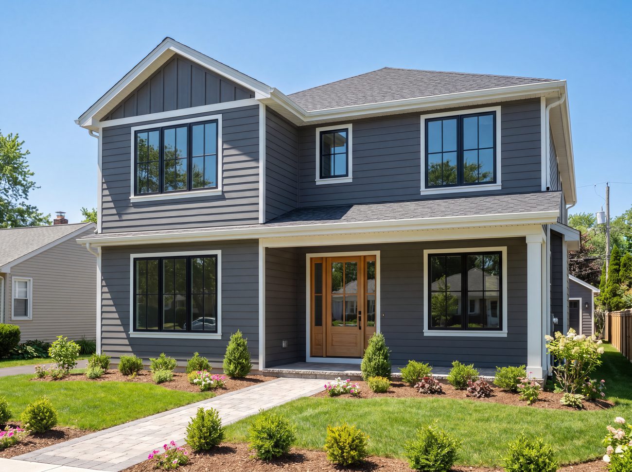 The same home after a full Chariot exterior renovation with new siding, windows and door