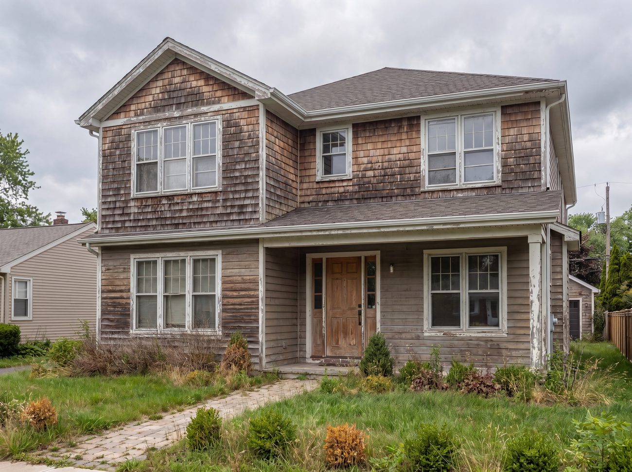 A tired two-story home before renovation with worn siding and dated windows