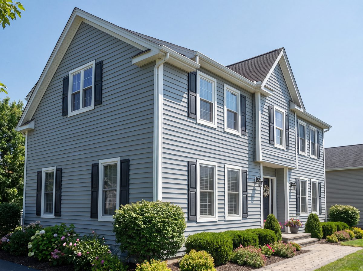 A home with fresh blue-gray lap siding and crisp white trim