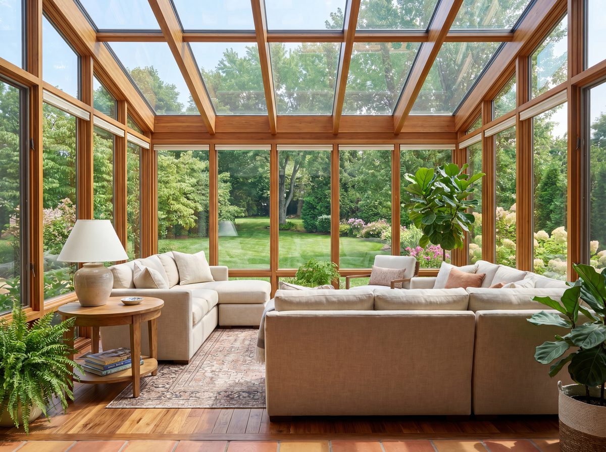 A bright furnished four-season sunroom with floor-to-ceiling glass and green views