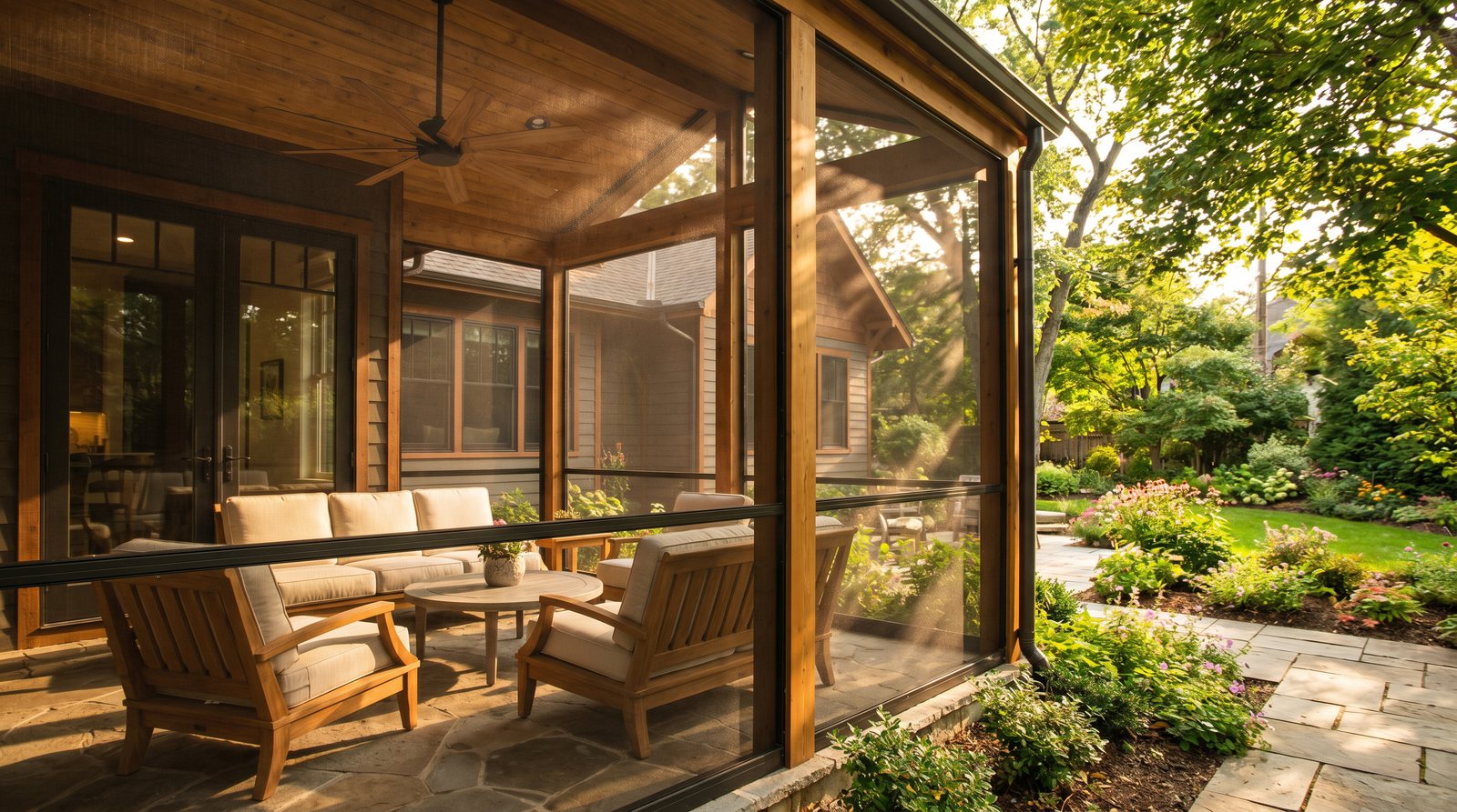 A screened-in porch with mesh panels overlooking a backyard