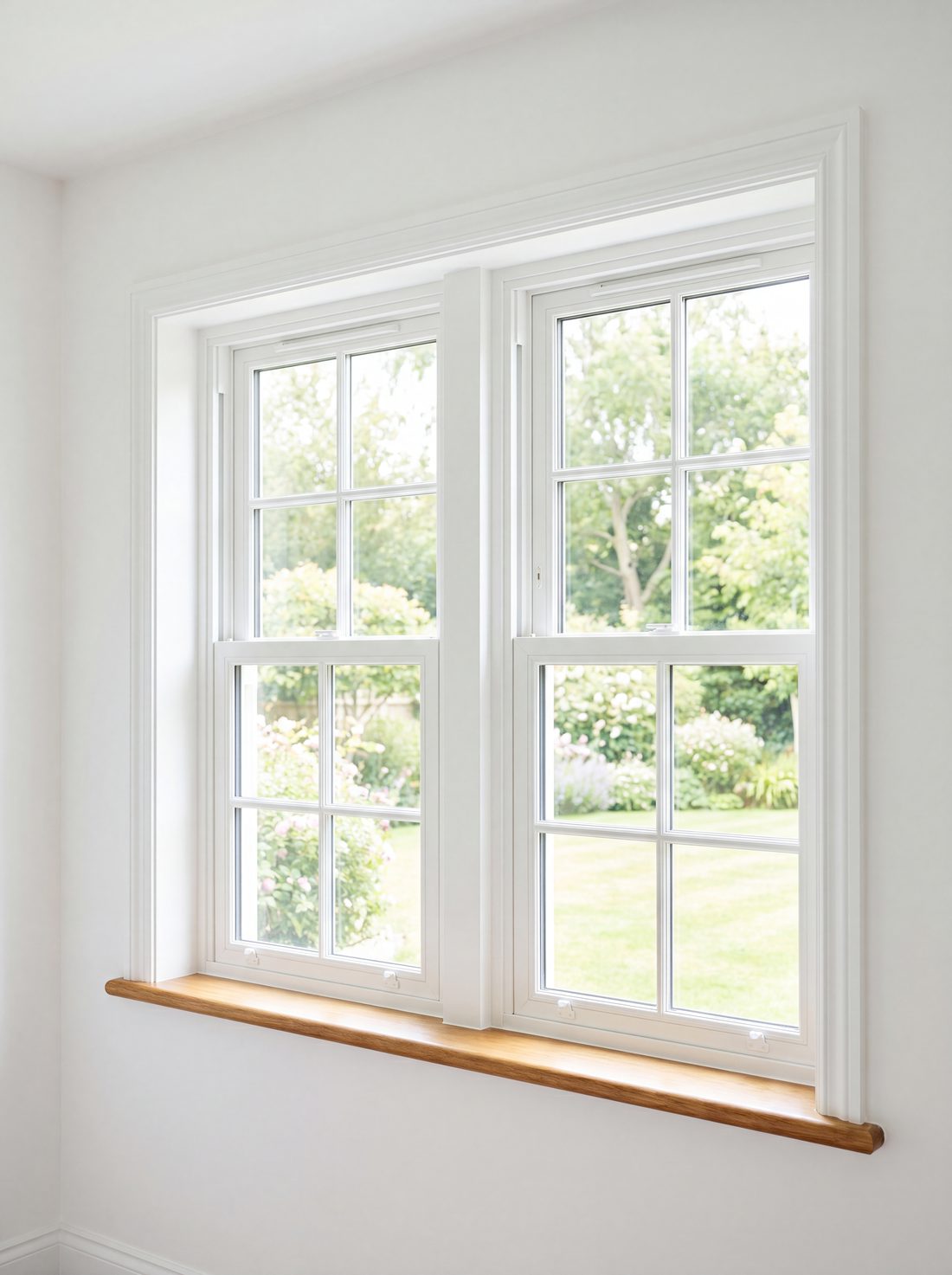 Bright white double-hung windows looking out to a sunny green yard